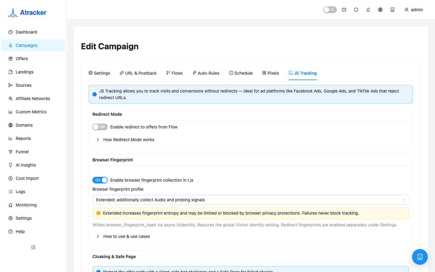 Вкладка JS Tracking