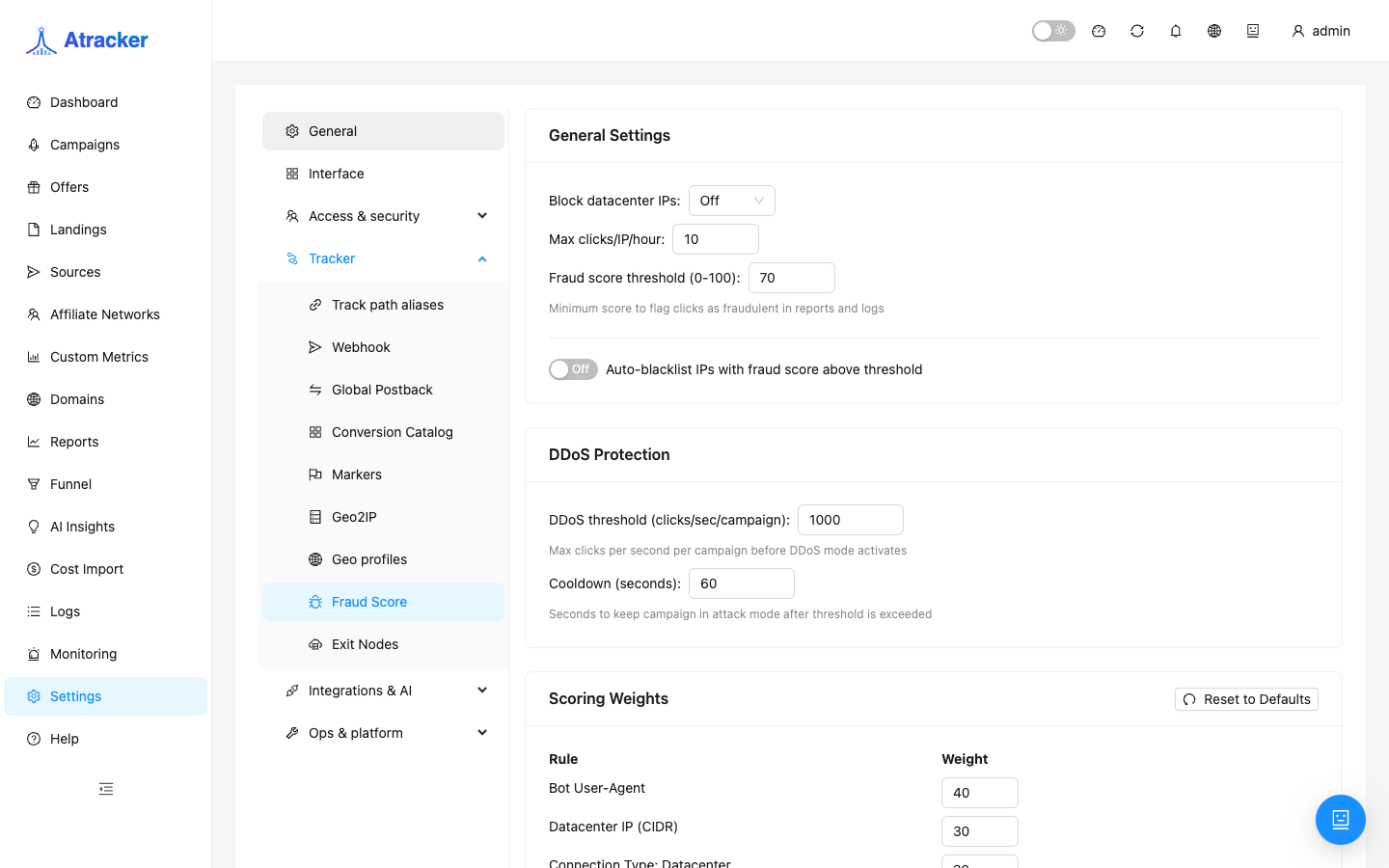 Settings Fraud Score